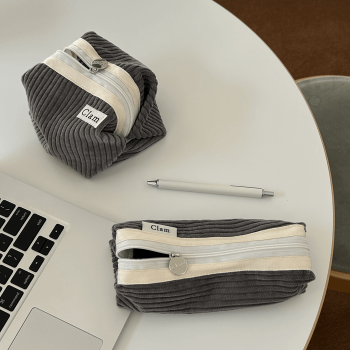 Clam round pencilcase _ Corduroy Grey - somibeya