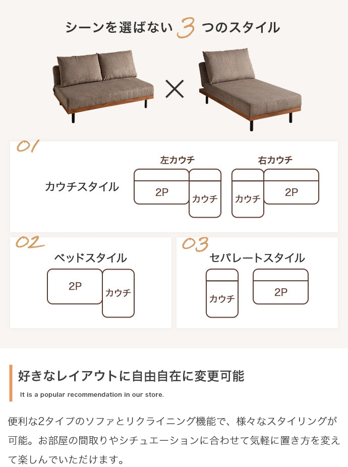 リクライニングコーデュロイ2人掛けソファ 単品