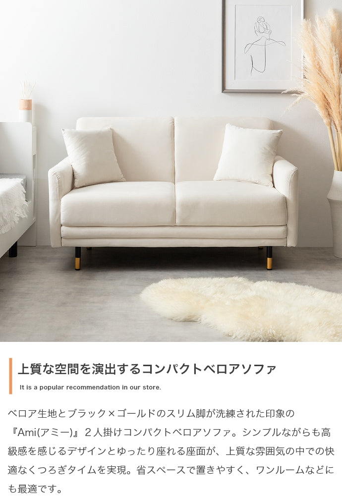 Ami 2人掛けコンパクトベロアソファ 