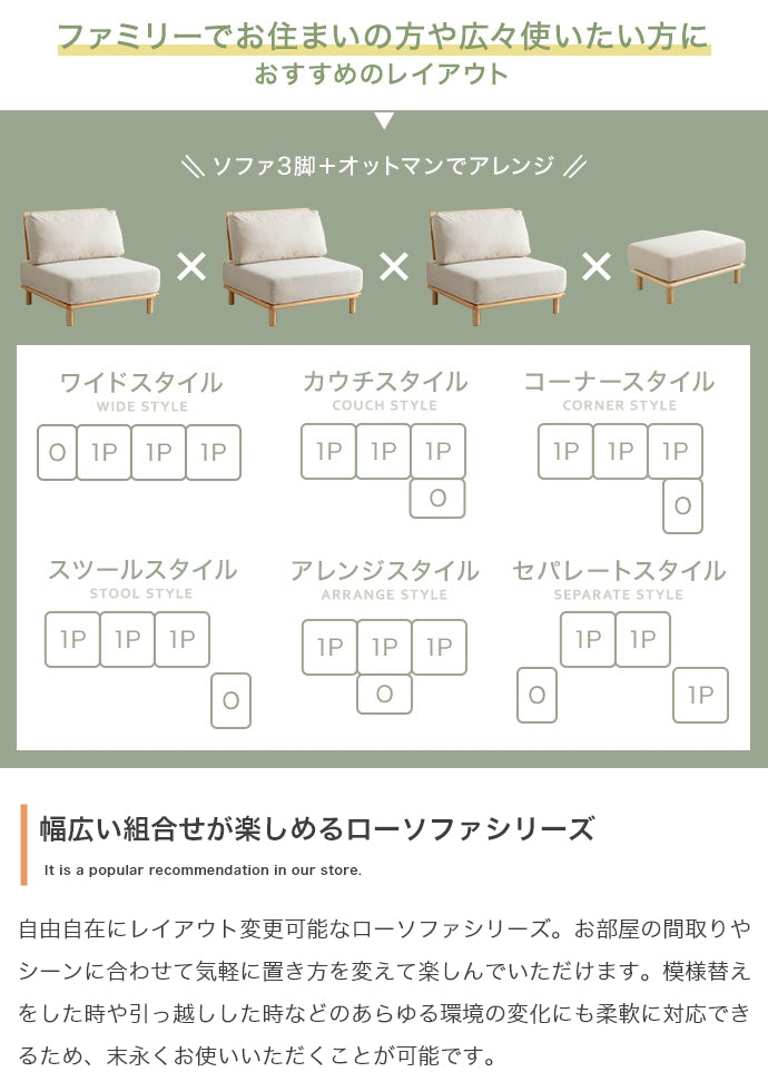 【2点セット】ファブリックローソファ1脚+オットマン1脚 2点セット