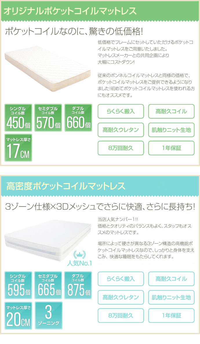 高密度アドバンスポケットコイルマットレス シングル セミダブル