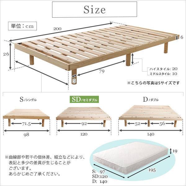 3段階高さ調節 国産総桧脚付きすのこベッド 【Pierna-ピエルナ-】(ポケットコイルロールマットレス付き) セミダブル