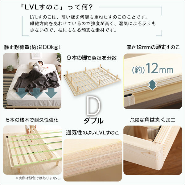 3段階高さ調節 脚付きすのこベッド(ダブル) 【Lilitta-リリッタ-】(ポケットコイルロールマットレス付き) ダブル
