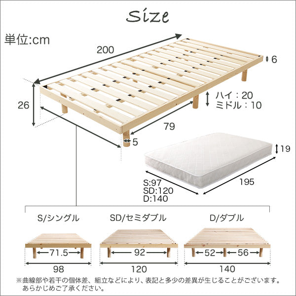 3段階高さ調節 脚付きすのこベッド(シングル) 【Lilitta-リリッタ-】(ポケットコイルロールマットレス付き) シングル