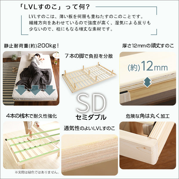 3段階高さ調節 脚付きすのこベッド(セミダブル) 【Lilitta-リリッタ-】(ポケットコイルロールマットレス付き) セミダブル
