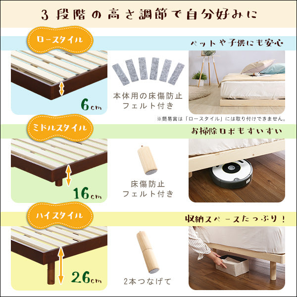 【簡易宮セット】パイン材高さ3段階調整脚付きすのこベッド（シングル）【Lilitta-リリッタ-】