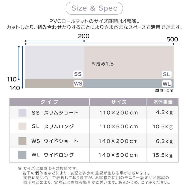継ぎ目がない！PVCロールマット スリムショート（110×200cm）