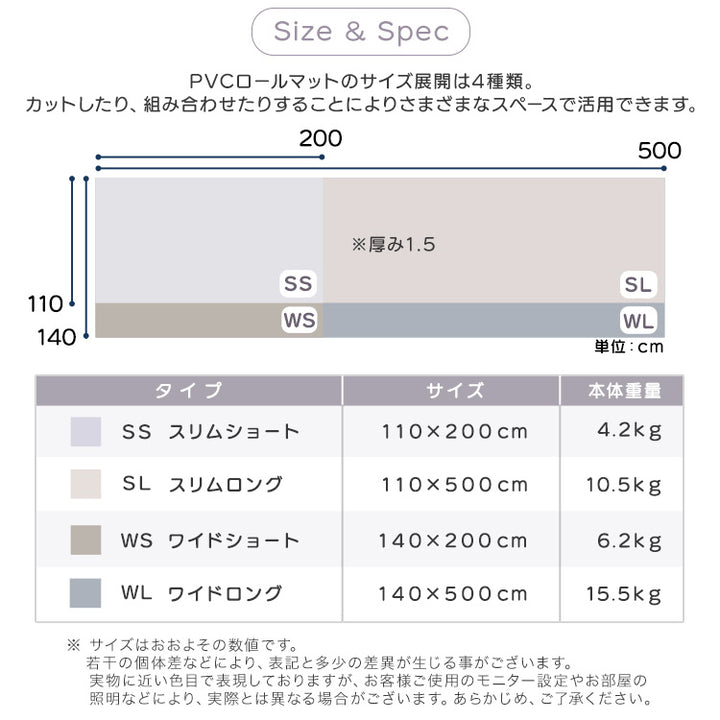 継ぎ目がない！PVCロールマット スリムロング（110×500cm）